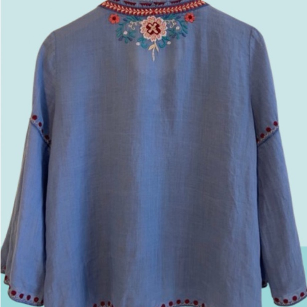 Johnny Was Oman Laceup Swing Blouse Embroidered Blue v neck small Top - Picture 3 of 13